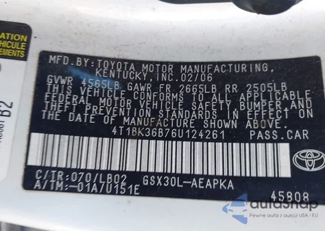 2006 Toyota Avalon Limited from USA, damaged, VIN 4T1BK36B76U124261